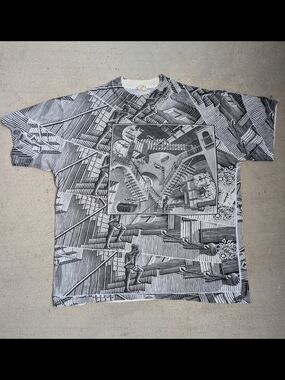 Vintage M. C. Escher T-Shirt Men's XL Relativity All Over Print Art Andazia 1990
